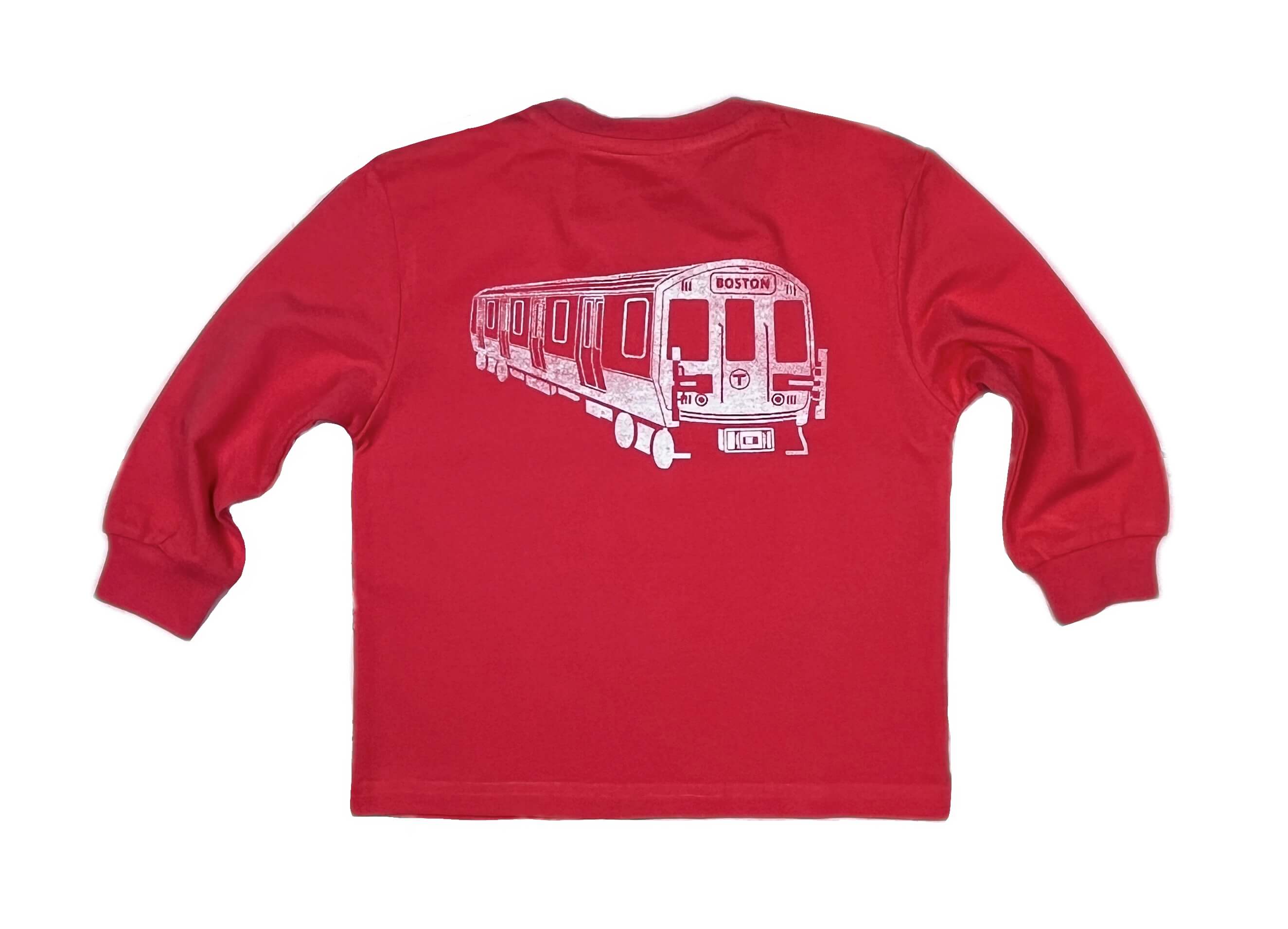 Toddler size red long sleeve cotton t-shirt with Boston MBTA Red Line subway train on the back